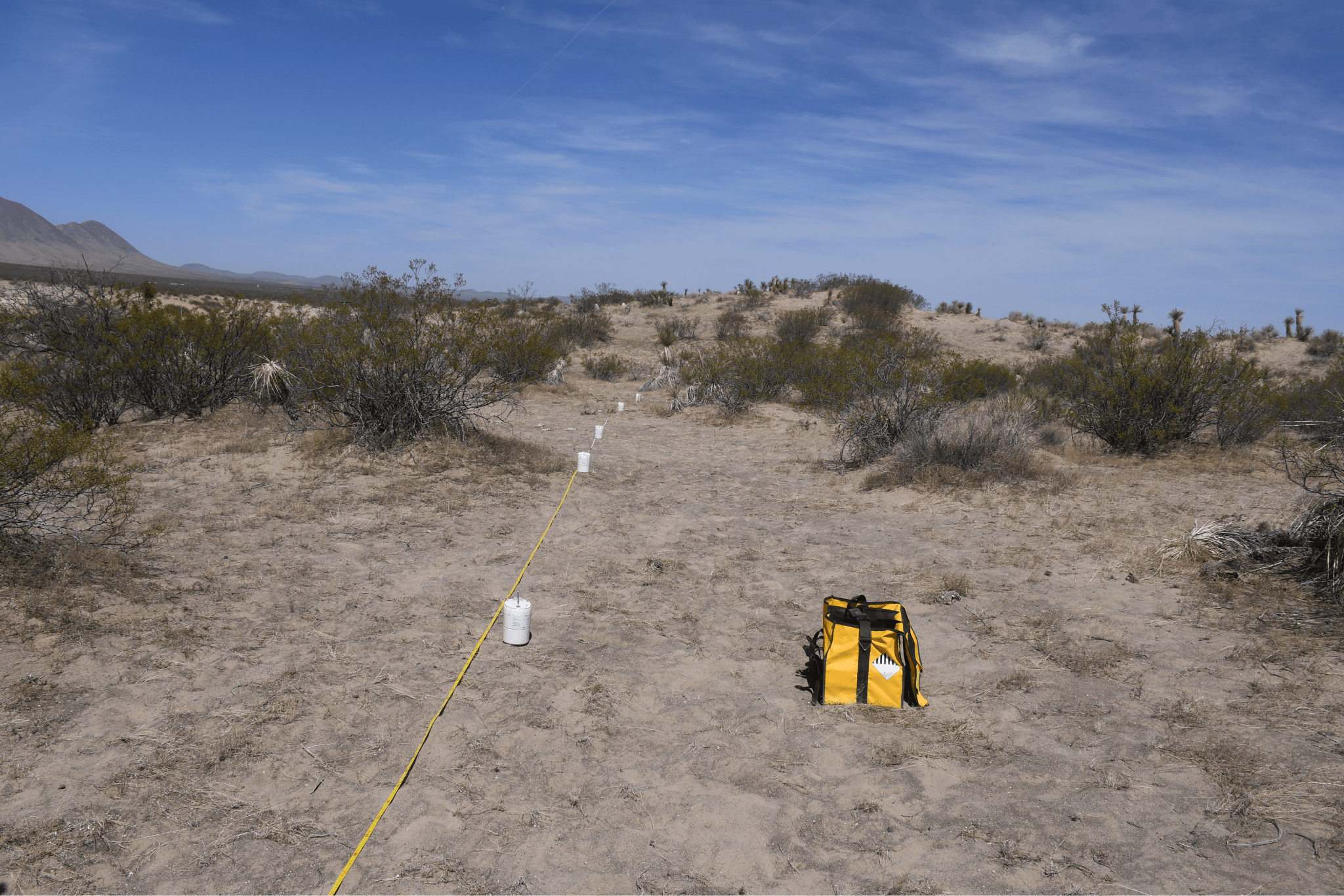 A line of geophones helps measure seismic activity at Potrillo Volcanic Filed in New Mexico, April 2022 
