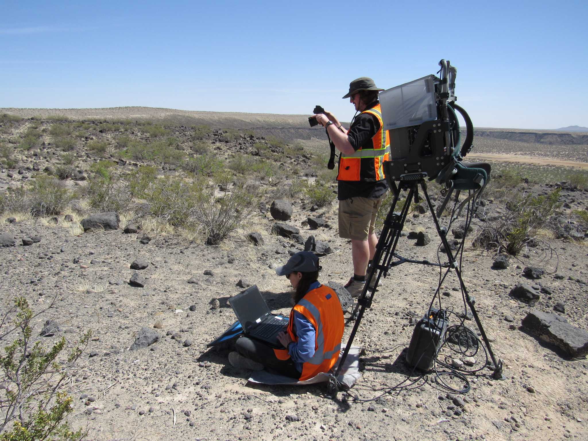 SBU Geologist Deanne Rogers and geosciences grad student Reed Hopkins at Potrillo Volcanis Field in New Mexico, April 2022