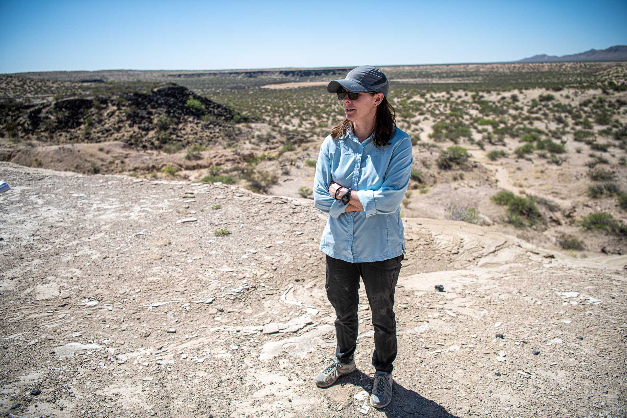 SBU Geologist Deanne Rogers at Potrillo Volcanic Field in New Mexico, April 2022